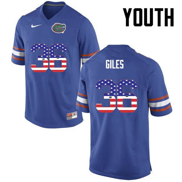 Florida Gators Youth #36 Eddie Giles College Football USA Flag Fashion Blue